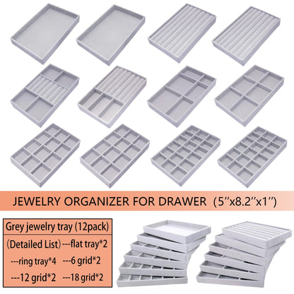 MINIBIGBOX 12 Set Jewelry Organizer Trays Stackable Jewelryy Display Case Storage Box for Earring Necklace Rings Bracelet Watch