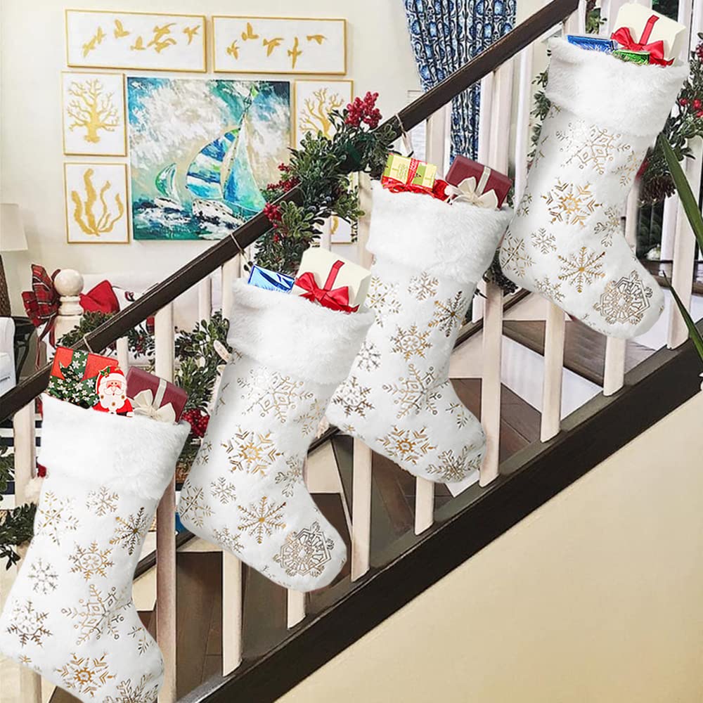 AyximGs Christmas Stockings Large 18 inches 4 Pcs - Plush Faux Fur Xmas Stocking with Golden Snowflake, for Family Holiday Xmas Personalized Party Decorations