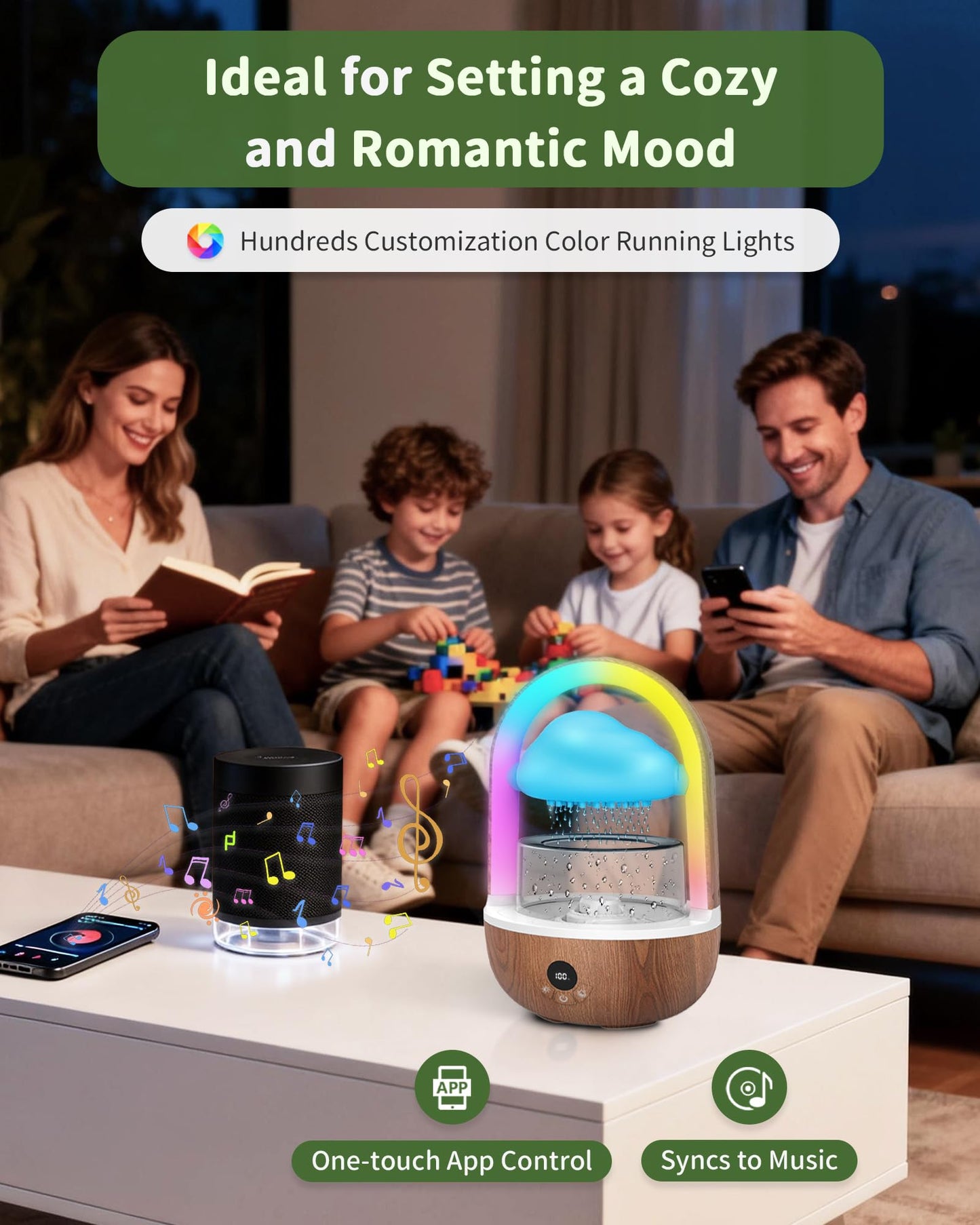Relaxing Indoor Water Fountain with Gentle Rain Sounds, Weljoy Cloud Rainbow Rain Tabletop Fountain with Color Changing Lights, Wireless Design for Office Desk Meditation (Wood)
