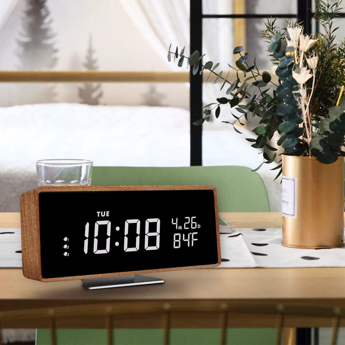 SCOAGE Wooden Digital Alarm Clock with Bluetooth Speaker Temperature Date Smart Electric Digital Bedside Clocks Night Light Table Snooze Large Display Alarm Clock Decor for Desk Bedroom Kid' s Room