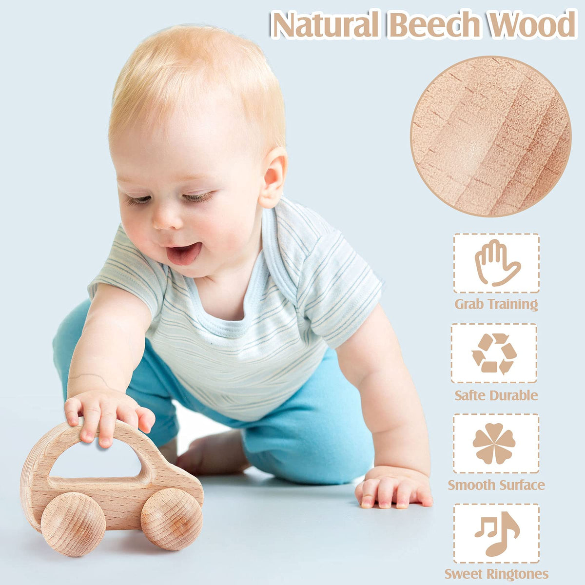 Zhanmai 5 Pcs Wooden Baby Toys Montessori Toys for 0-6-12 Months Sensory Baby Rattles with Bells Push Car Wooden Newborn Boys and Girls Gifts for Toddlers 1-3 Years Infant Grasping Sensory Development
