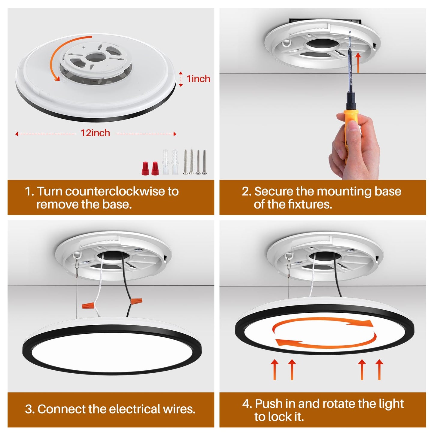 AmazeFan 12Inch LED Flush Mount Ceiling Light with Remote Control, Dimmable Night Light 1800K 3000K/4000K/6500K 24W Low Profile Hardwiring Ceiling Lamp for Bedroom LivingRoom Kitchen Hallway-Black