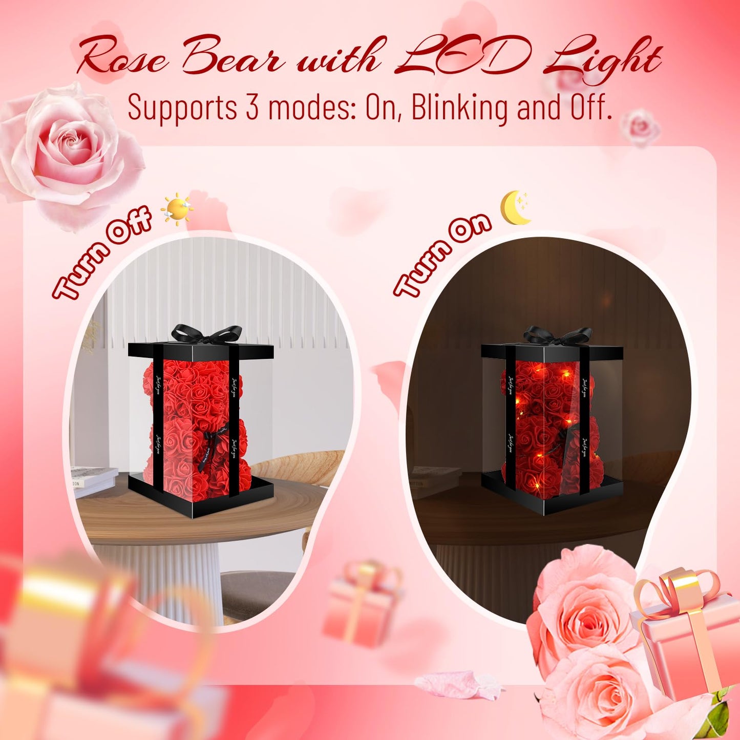 Otlonpe Cute Bear Rose Flower with Light | Women Gifts & Indoor Table Decorations for Christmas, Valentines, Mothers Day, Birthday, Anniversary | Handmade Gifts for Women Mom Wife Girlfriend (Red)