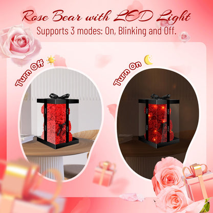 Otlonpe Cute Bear Rose Flower with Light | Women Gifts & Indoor Table Decorations for Christmas, Valentines, Mothers Day, Birthday, Anniversary | Handmade Gifts for Women Mom Wife Girlfriend (Red)
