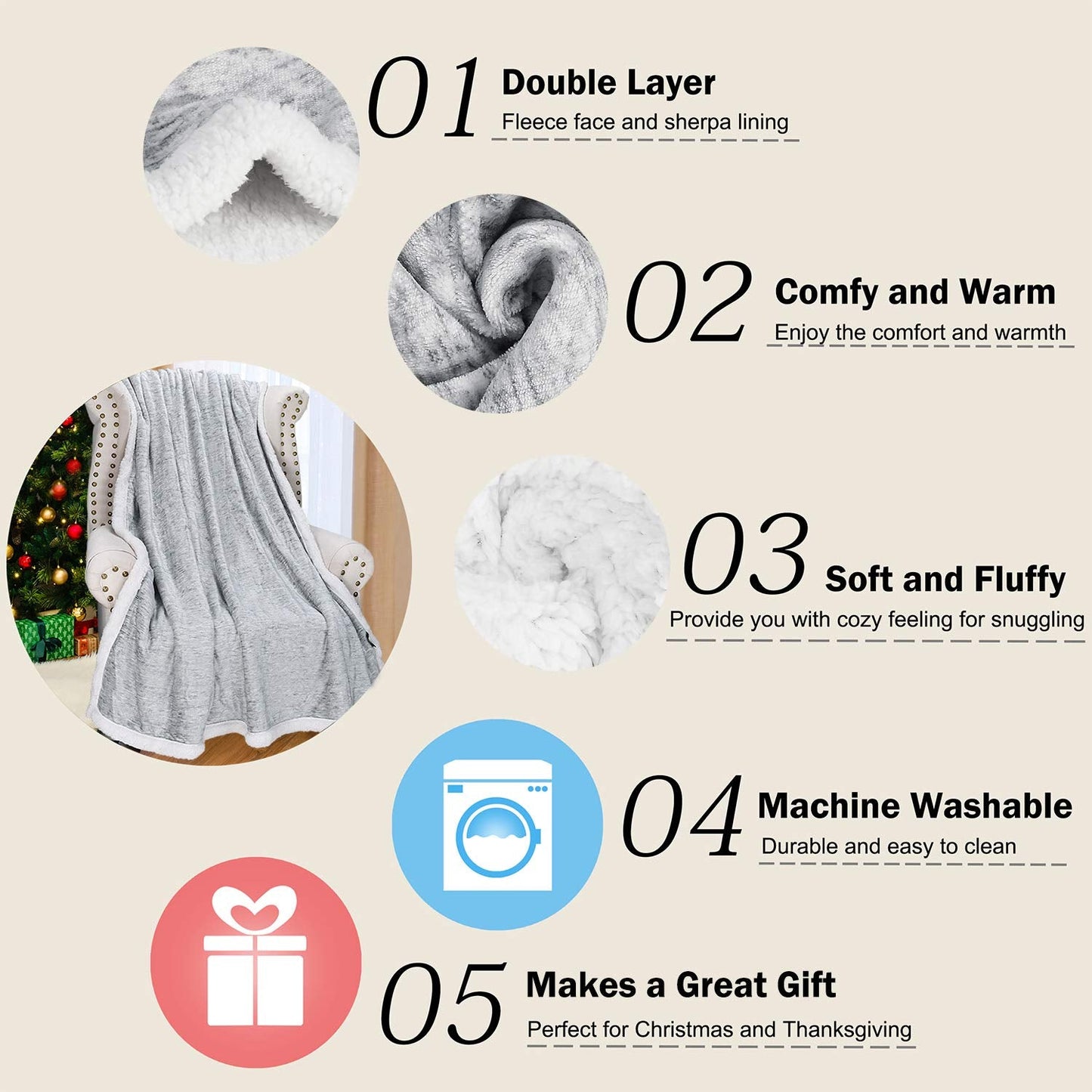 Catalonia Grey Sherpa Throw Blanket, Super Soft Fluffy Fuzzy Comfy Velvet Plush Fleece TV Blankets Throws for Sofa Couch Bed, Valentine's Day Gifts for Adults Child, 50"x60", Melange