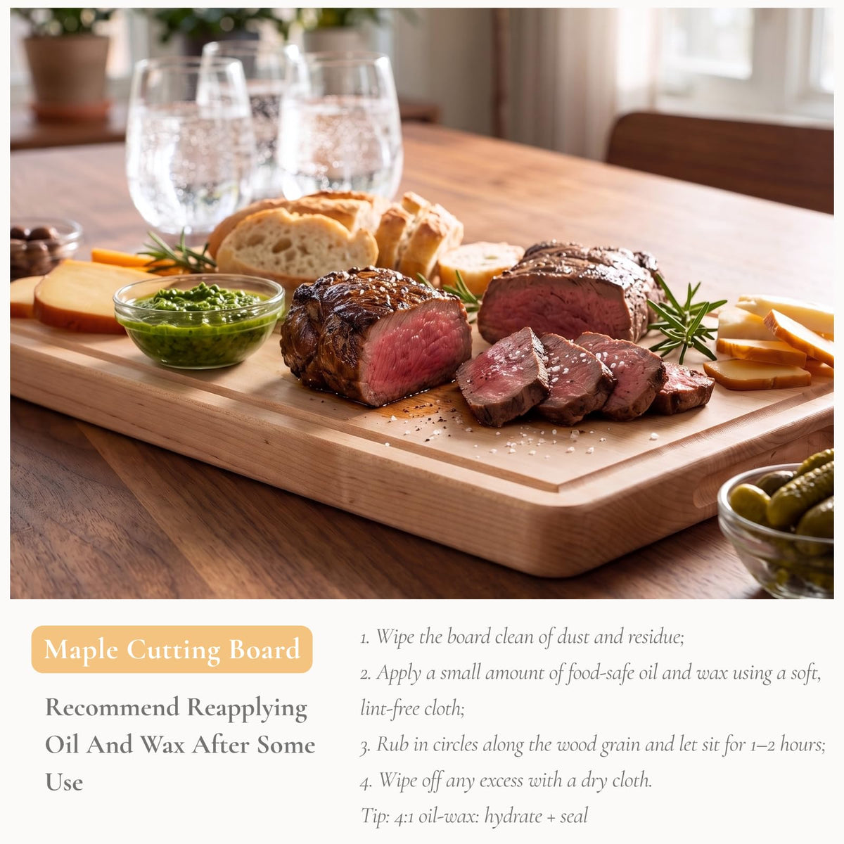 Vandroop Hard Maple Cutting Board for Kitchen - 16"x10"x1.06" Reversible Wood Chopping Board with Juice Groove, Edge Grain Butcher Block