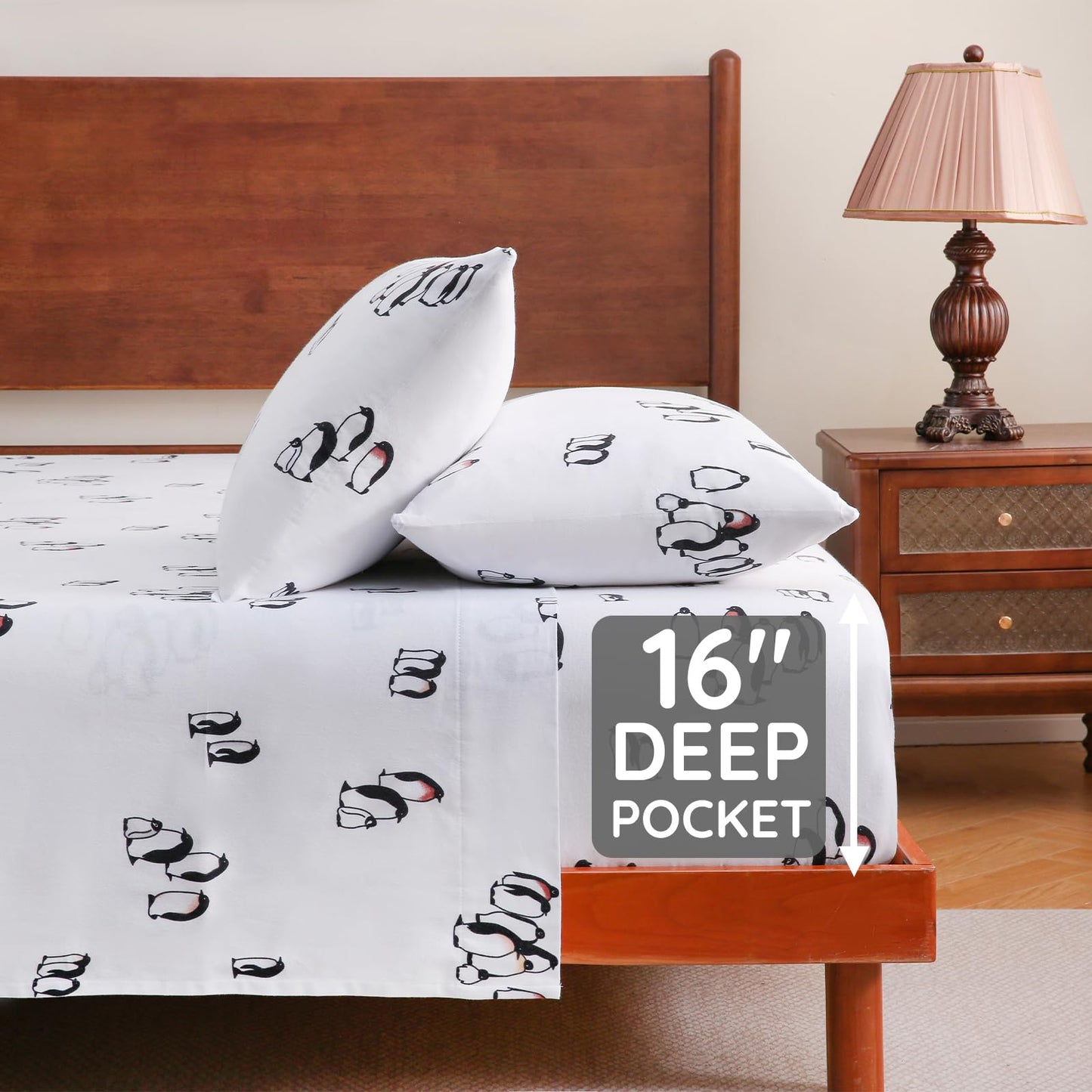 LONAVA 100% Cotton Flannel Sheet Set 4 Pieces, Heavy-Duty Fluffy Flannel Design, Thermal Lock Technology, 16 inch Deep Pocket Cozy Soft Bedsheets,(Twin,Peguin)