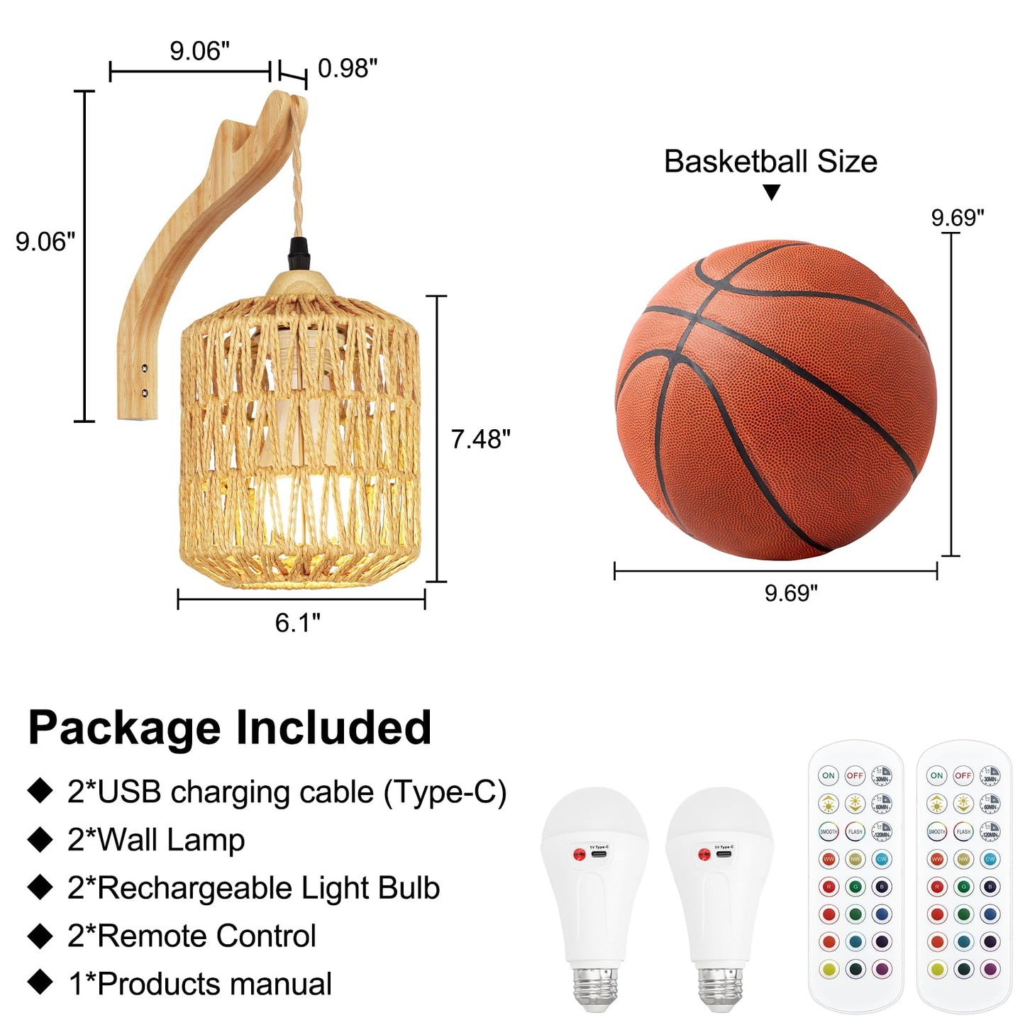 Frideko Boho Rechargeable Wall Sconces Set of Two with Remote, RGB 15 Colors Dimmable Battery Operated Wall Light, Indoor Wireless Wall Lamp with 3 Timer, Farmhouse Rattan Wall Lighting for Bedroom