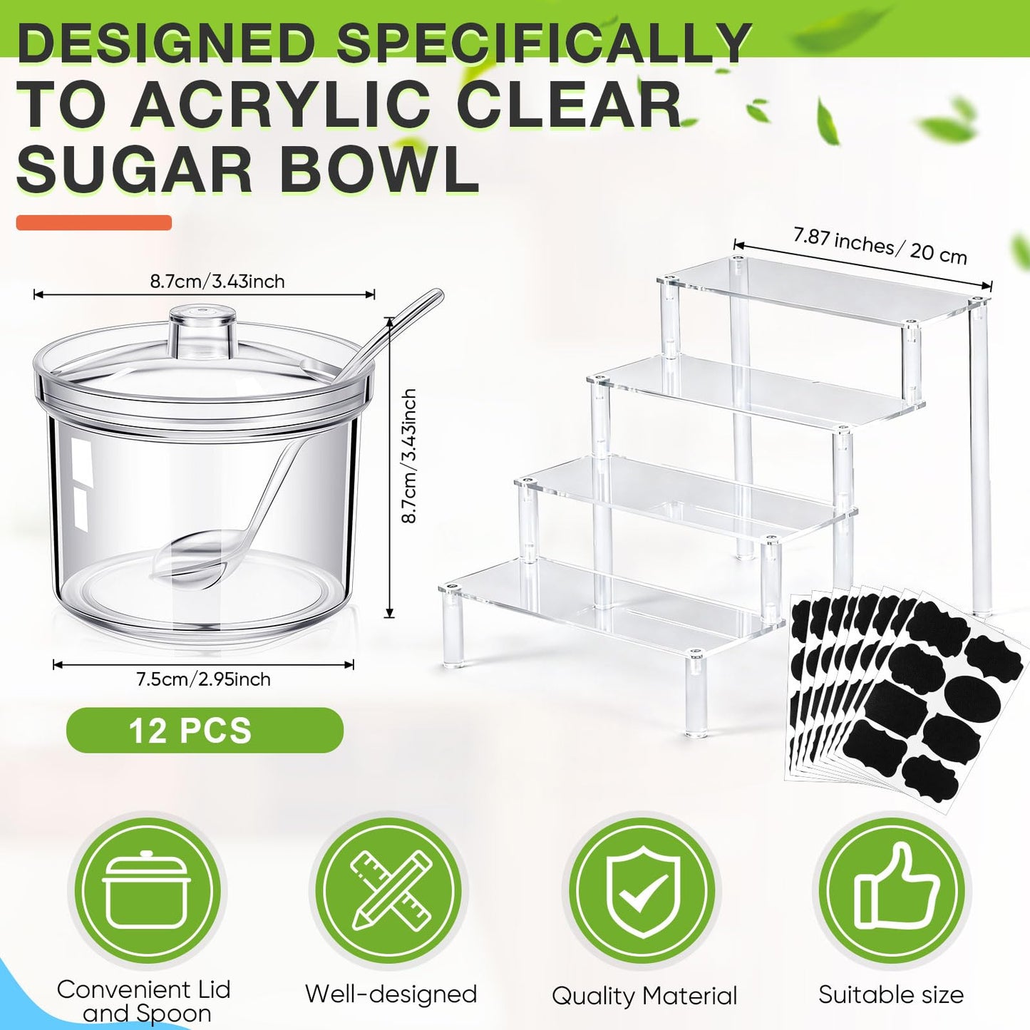 Ferrochef 12 Pcs Clear Sugar Bowls with Lid and Spoon and Acrylic Display Risers 7.1 oz Topping Containers with Tag and 4 Tier Acrylic Shelf Stand for Kitchen Hot Cocoa Bar Ice Cream Bar Supplies