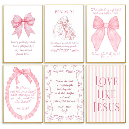 Pink Christian Wall Art Decor Posters Pink bow scriptures Inspirational Bible Wall Decor Room Bedroom Bathroom Dorm Wall Art Decor for College Teen Girls Gifts 10x8 Inch Set of 6pc Pictures UNFRAMED