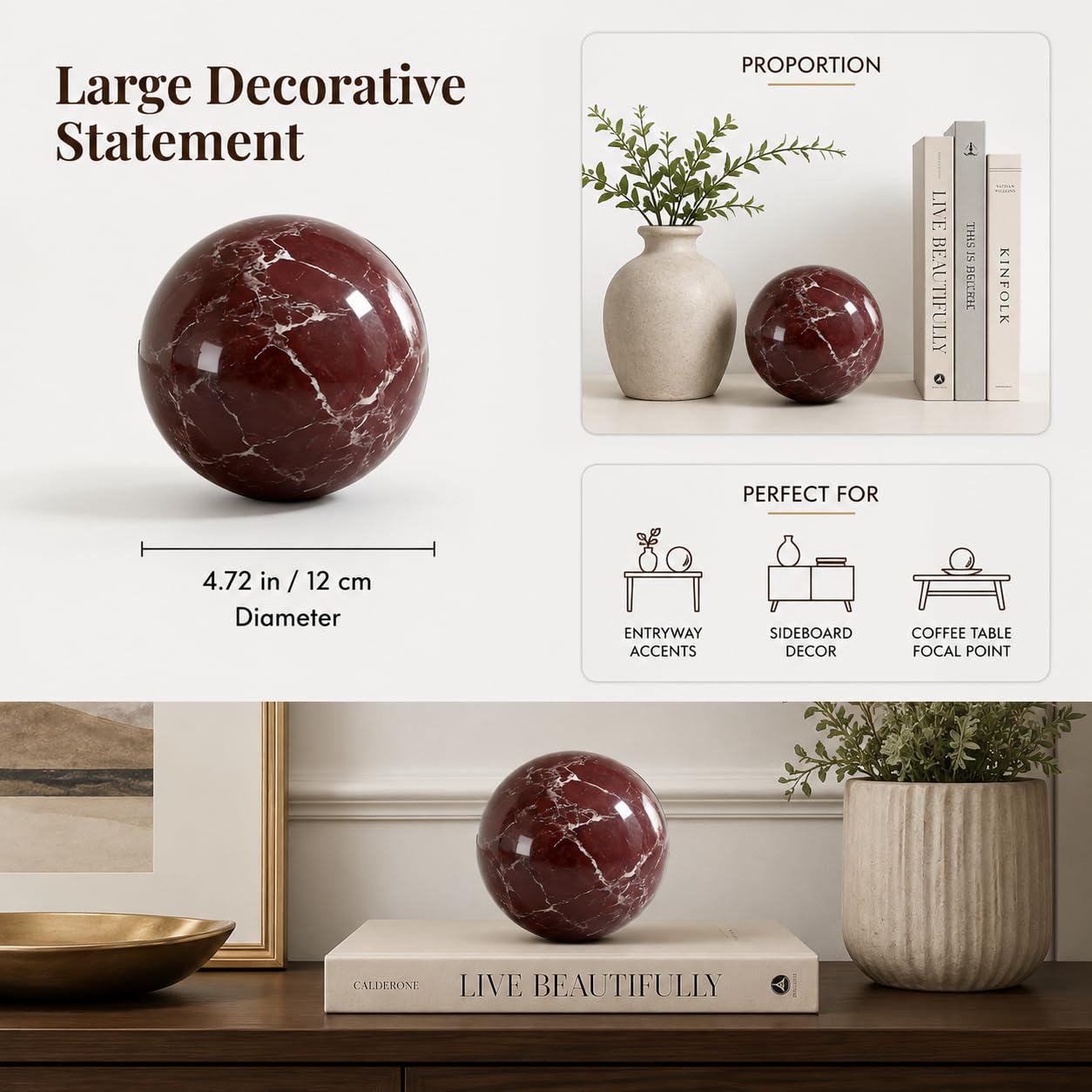 SIRIZEN-DIVING Rosa Levanto Marble Decorative Sphere, 12cm Large Solid Natural Stone Orb for Coffee Table, Console Table, Hotel, Entryway and Living Room Decor
