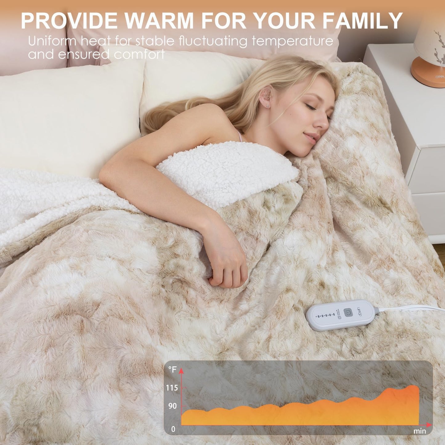 Dowin Faux Fur Heated Blanket Queen Size- Dual Control Reversible Electric Blanket 84x90 Inches, Fast Heating with 10 Hrs Auto-Off & 5 Heat Settings,Machine Washable,Beige