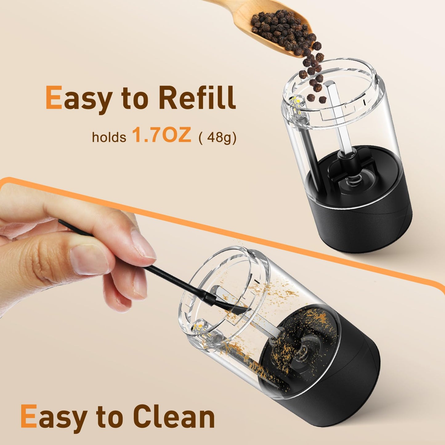 Rechargeable Electric Salt and Pepper Grinder Set, Automatic Salt and Pepper Shakers, Adjustable Coarseness Pepper Grinder with Led Kitchen and Home Appliances Gifts for Women(Blackwhite)