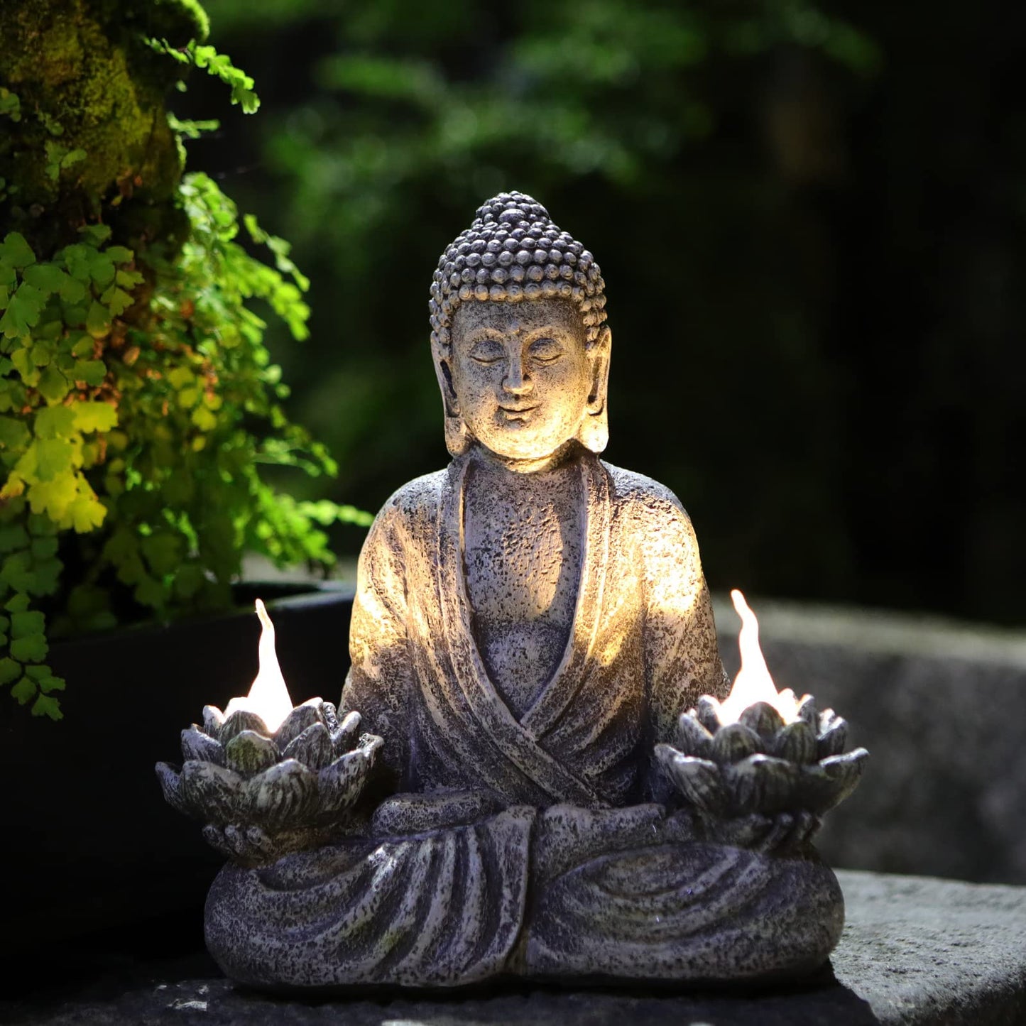 IVCOOLE Buddha Statue Zen Sculpture 11.4in Yoga Garden Decor with LED Solar Lotus Lights, Sitting Meditating Buddha Serene Resin Figurine for Patio Yard Lawn Ornaments,Inside or Outside