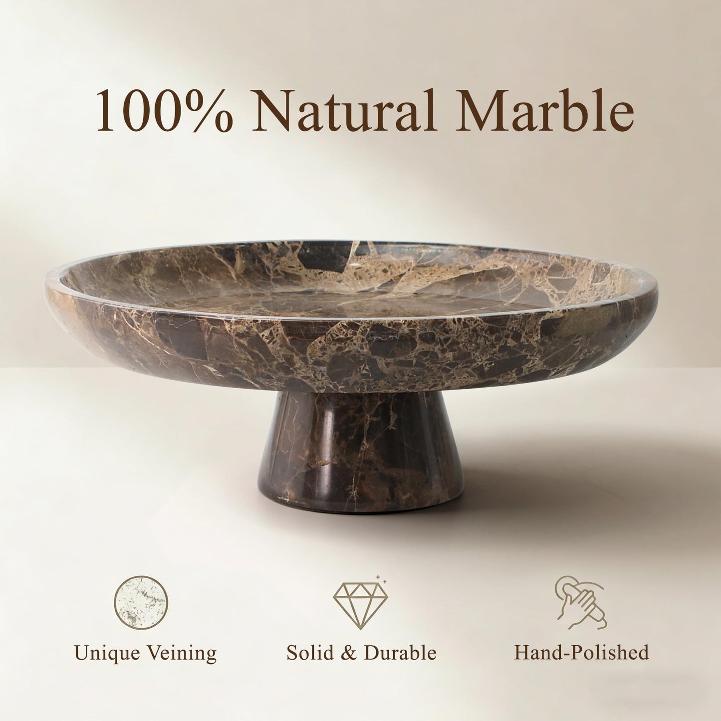 YMXYJM Natural Marble Fruit Bowl for Kitchen Counter 10.2", Large Decorative Bowl Pedestal for Home Decor, Fruits Holder For Dining Table, Brown