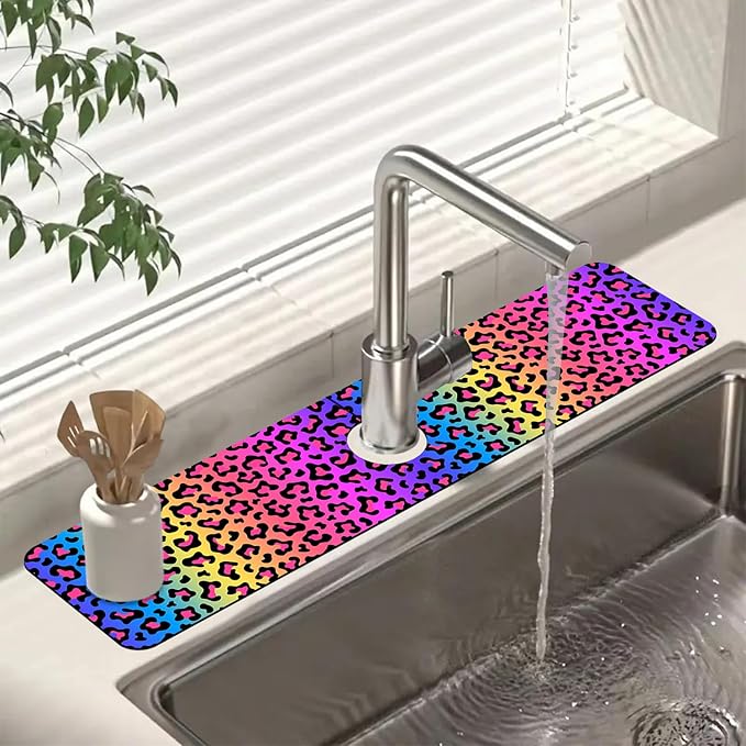 Sink Faucet Absorbing Mat Rainbow Colored Leopard Print Sink Splash Guard