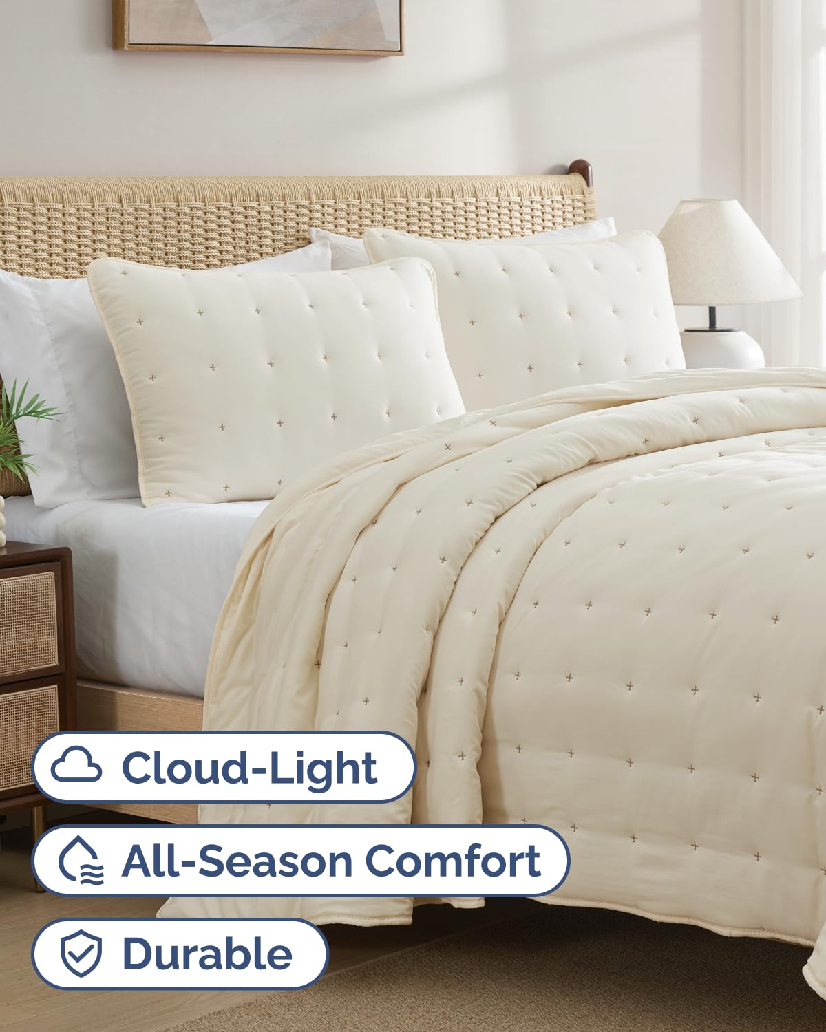 Quilts Full Size - Bedspread for Full Size - Lightweight Comforter Set - Quilt Bedding Set for All-Seasons - Ultra Soft, Breathable & Comfy - Summer Coverlet with 2 Pillow Shams - 80" x 80", Cream