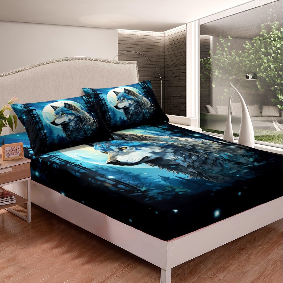 Wolf Fitted Sheet Queen Size,Nature Tree Jungle Mountain Bed Sheet Moon Night Starry Sky Bedding Set 3Pcs for Kids Boys Teens Men Room Decor,Wild Animals Theme Deep Pocket Sheet,2 Pillowcases