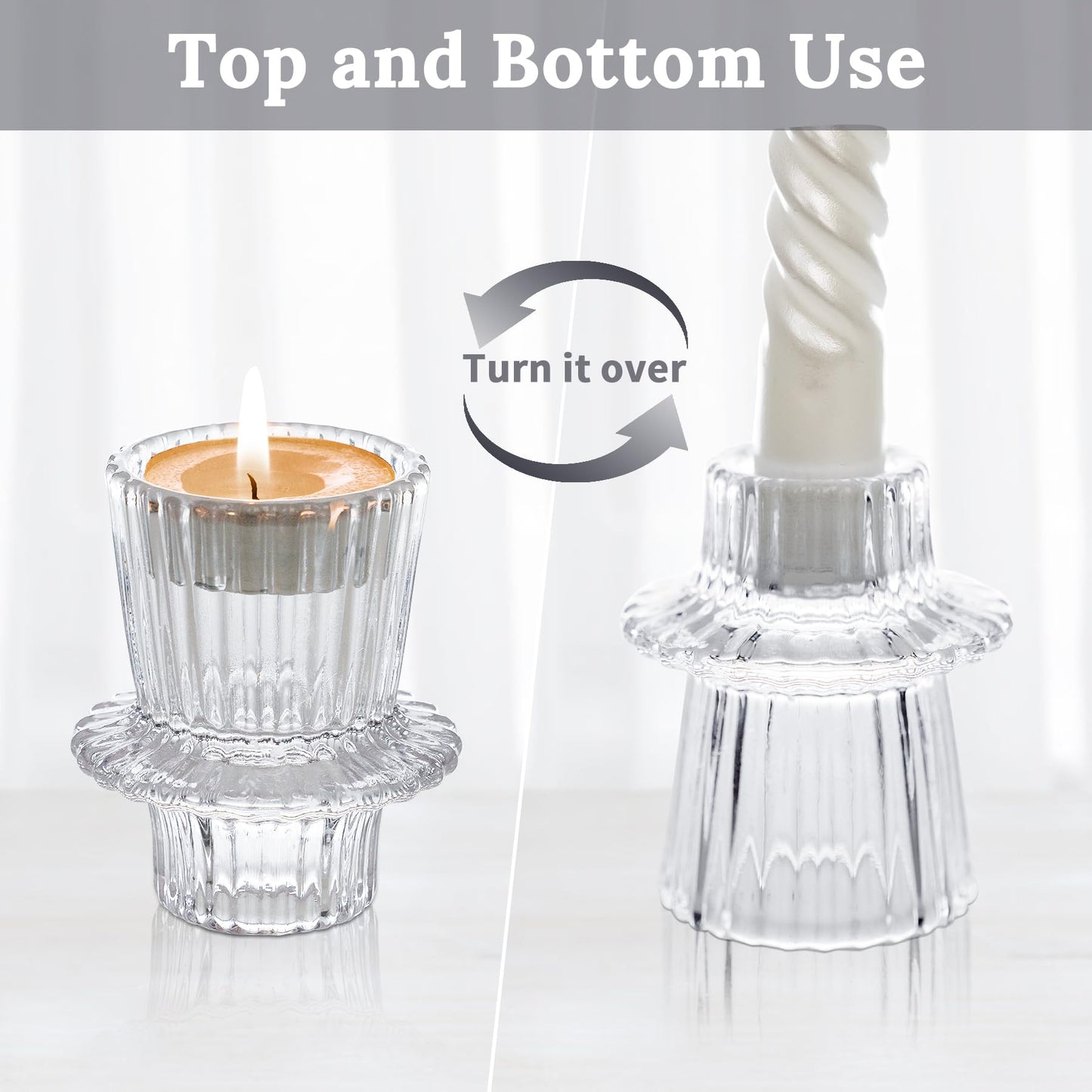 Toptime Candlestick Holders Set of 6, Ribbed Glass Taper Candle Holders, Reversible Clear Tealight & Candle Stick Candle Holder Vintage Crystal Tealight Candle Holder for Wedding Dinner Party