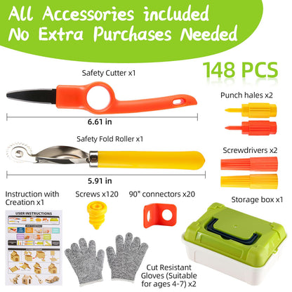 Cardboard Cutting Tools for Kids with Storage box,Safe DIY Cutter,148 PCS Construction Kit for Family & Team Activities,Creative Educational Toys Gift for Boys and Girls,5 6 7 9,Building Set,Ageds 4+