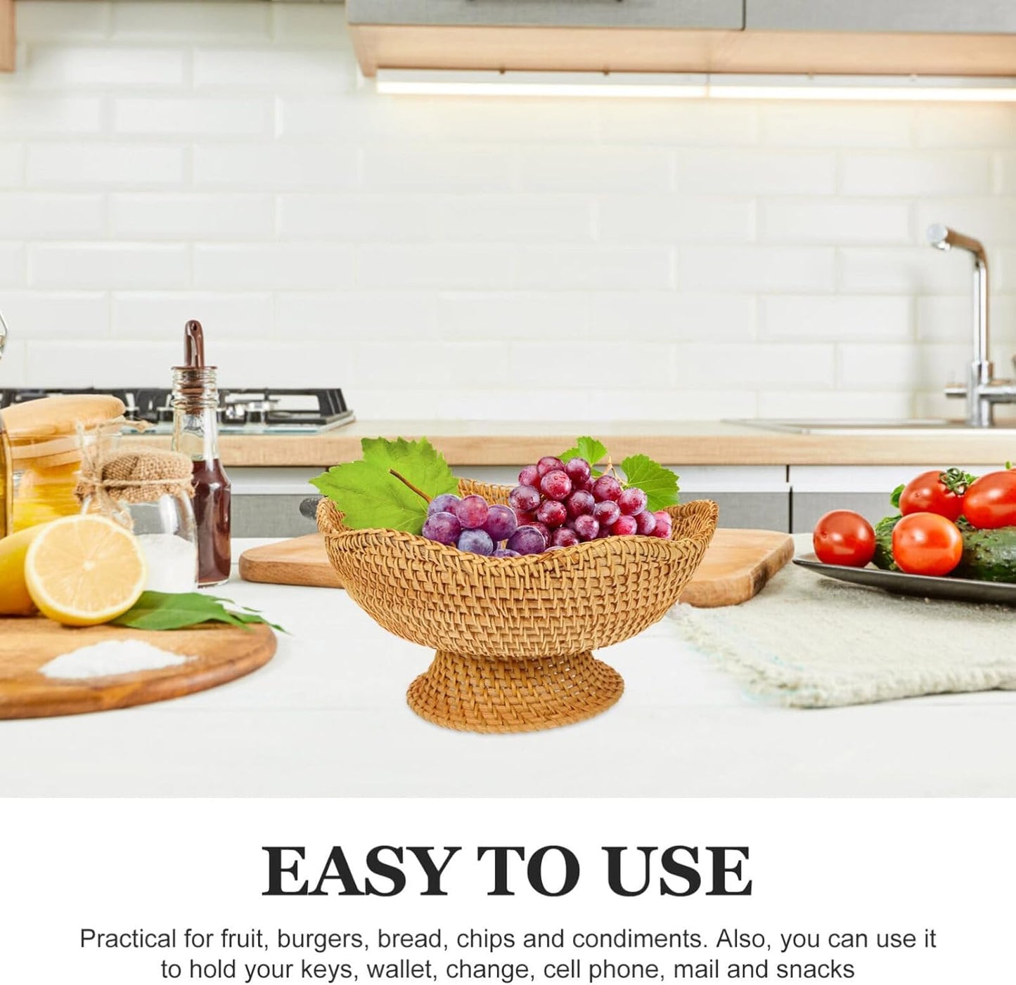 DOITOOL Rattan Fruit Bowl, Woven Footed Bowl Round Pedestal Plate Decorative Bowl for Table Centerpiece, 10 Inch Rattan Footed Bowl Woven Fruit Bowl for Kitchen Counter or Table Decorations
