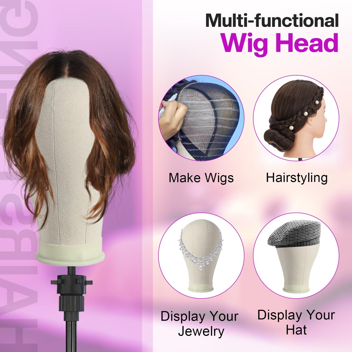 Neverland Beauty & Health 23 Inch Wig Head Stand Tripod, with Canvas Mannequin Heads for Wigs, Manikin Canvas Head Block Set for Making Display with T Pins Set Bristle Brush