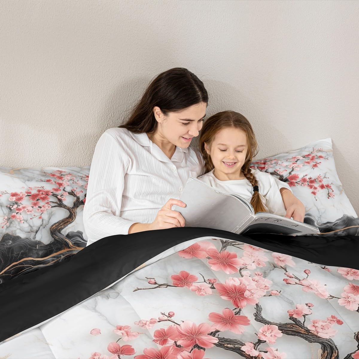 Manfei Cherry Blossom Comforter Set Queen Size,Artistic Black White Marble Texture Paint Bedding Set for Teens Adults,Japanese Style Pink Red Flowers Romantic Comforter,3 Pcs 2 Pillowcases