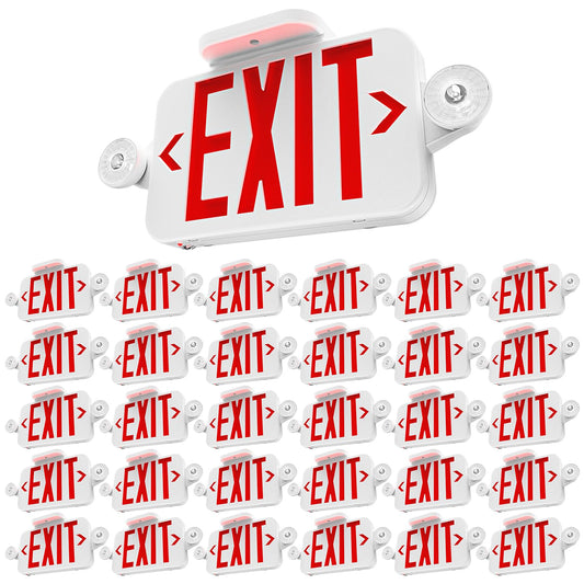 Sunco 30 Pack LED Exit Sign With Emergency Lights, Red, Two Mini Adjustable Lights, 94V-0 Fire Resistant, Backup Battery, 2.3W 6000K Daylight Deluxe, 200 Lumens 120-277V, Wall Or Ceiling Mount UL.