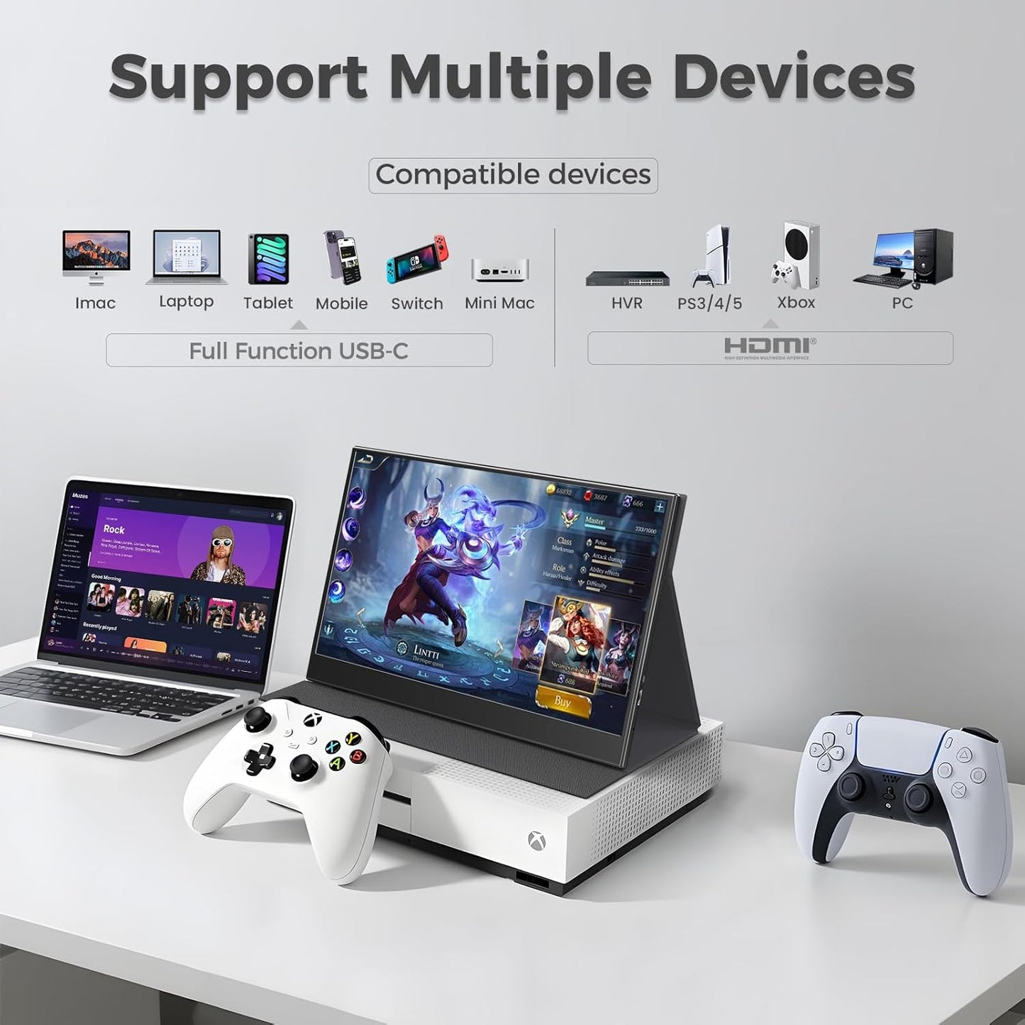 Portable Monitor 15.6-Inch FHD 1080P IPS with HDR for Gaming, USB-C/HDMI Extended Screen, Ultra-thin Plug&Play, with Case & Speakers, for Laptop MAC PC Phone DVR PS4/5 Xbox Switch