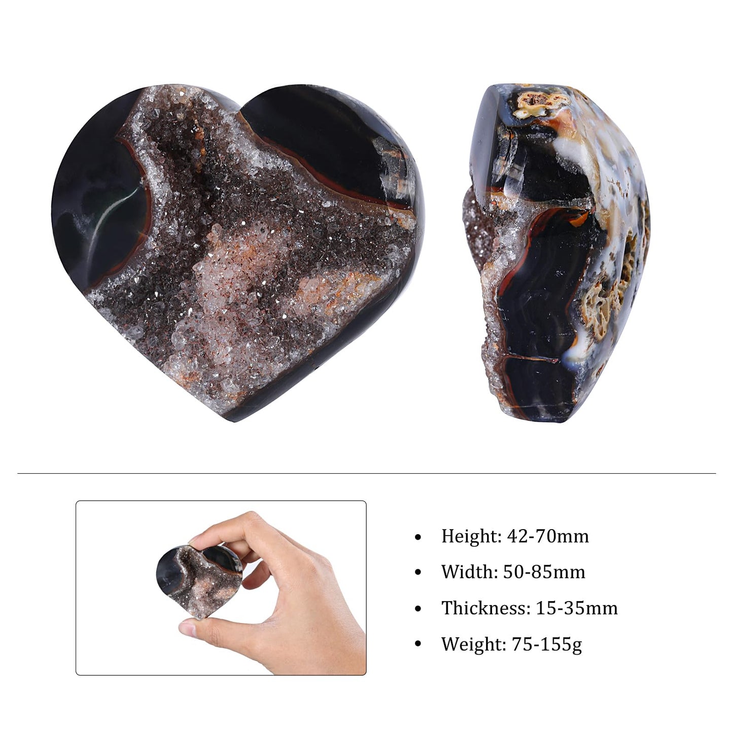 mookaitedecor Natural Agate Heart Crystal Geode Specimen, Healing Crystals Quartz Cluster Stone Mineral for Collection Home Office Decor, 75-155 g