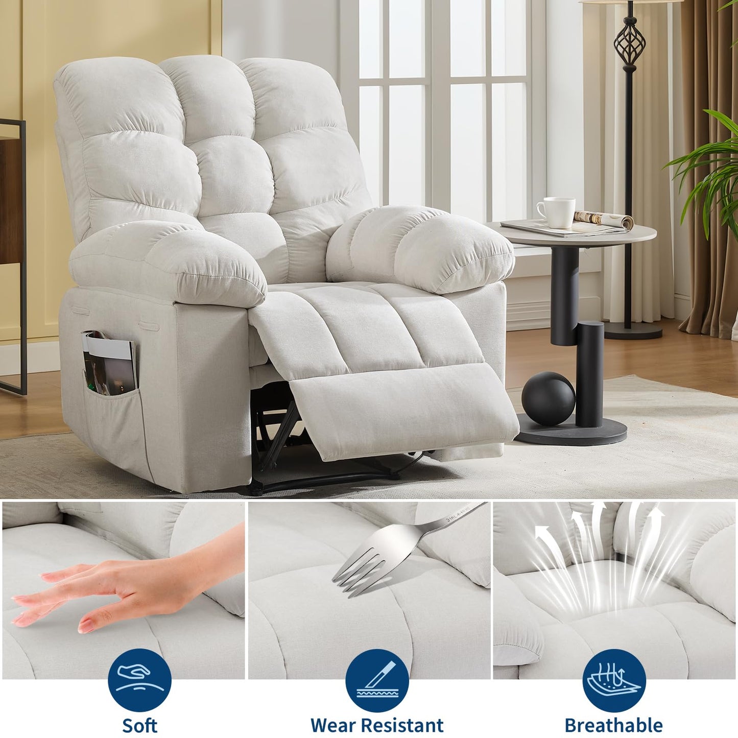 Nursery Chairs, Chair with Massage and Heat,Heat Ergonomic Overstuffed Breathable Fabric Reclining Chair with 2 Side Pockets, Remote Control, Living Room, Bedroom