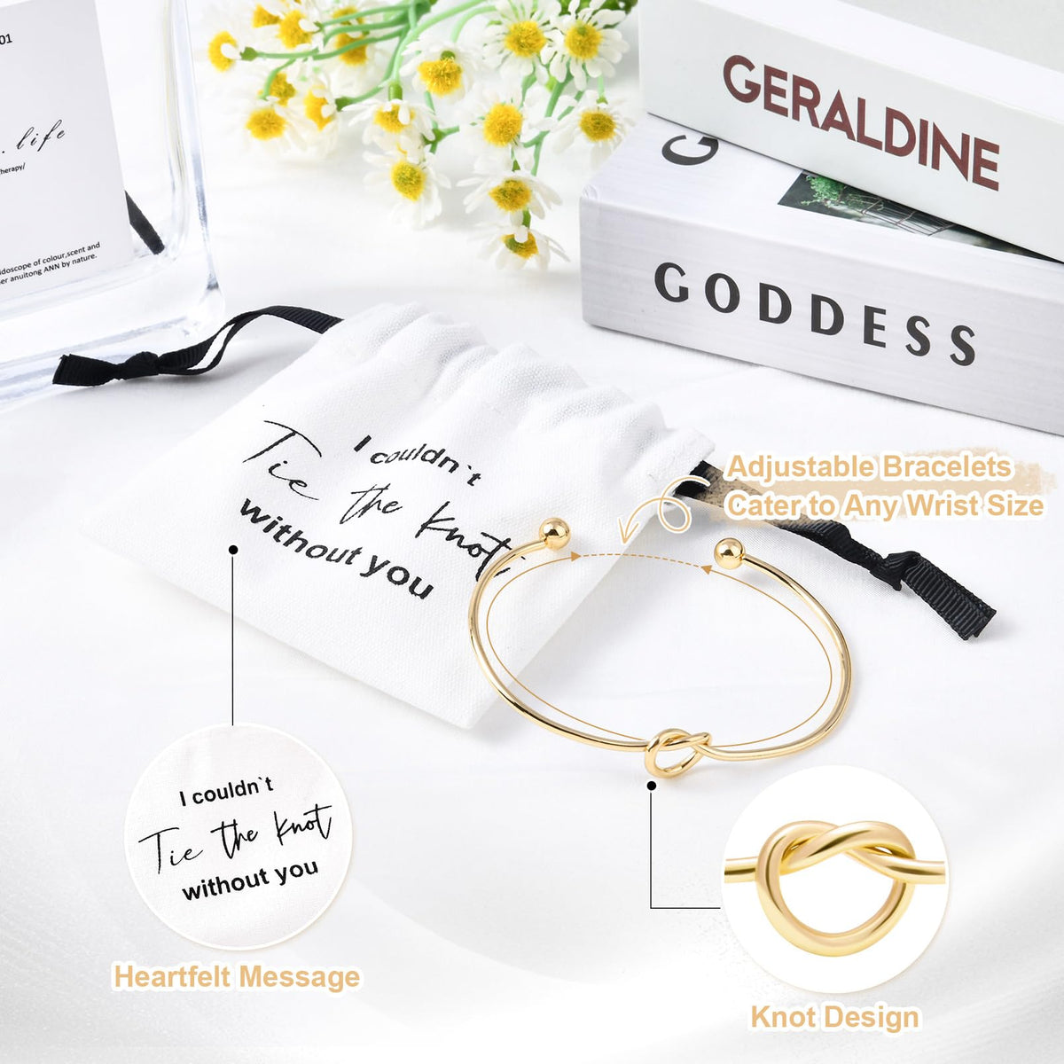 CEELGON 12 Pcs Jewelry Pouch Set of 6 Linen Cotton Small Drawstring Bags & Bridesmaid Knot Bracelet Jewelry Packaging Proposal Gift Bridal Party Favors (Gold)