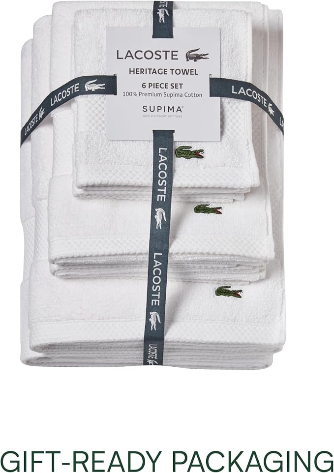 Lacoste Heritage Supima Cotton 6-Piece Towel Set, 2 Bath Towels, 2 Hand Towels