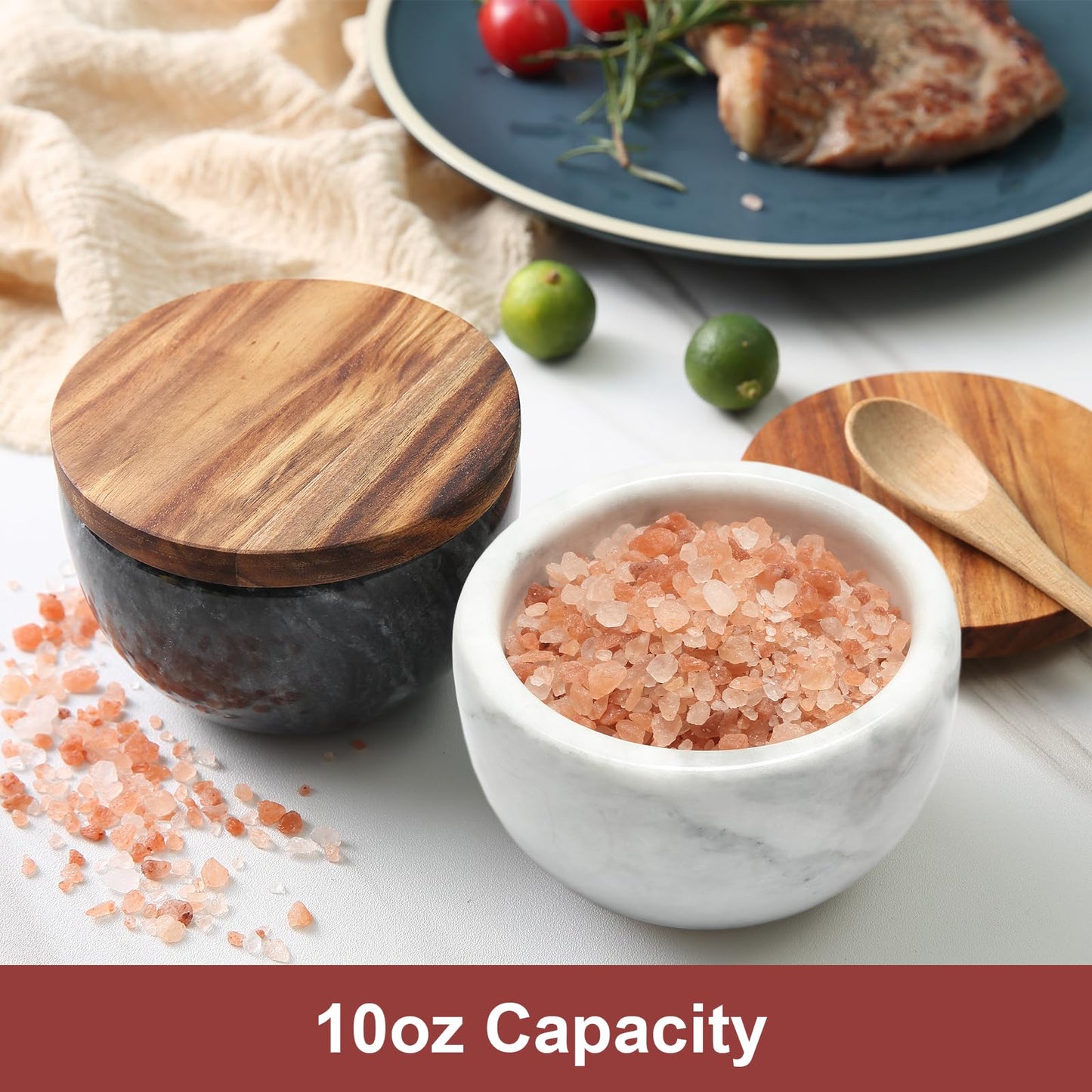 jalz jalz Salt Box Salt cellar with spoon Black Marble Base Natural Acacia Top Decorative Boxes Spice Seasonings Keeper Salt Container Elegant Design Salt Cellar Spice Cellar