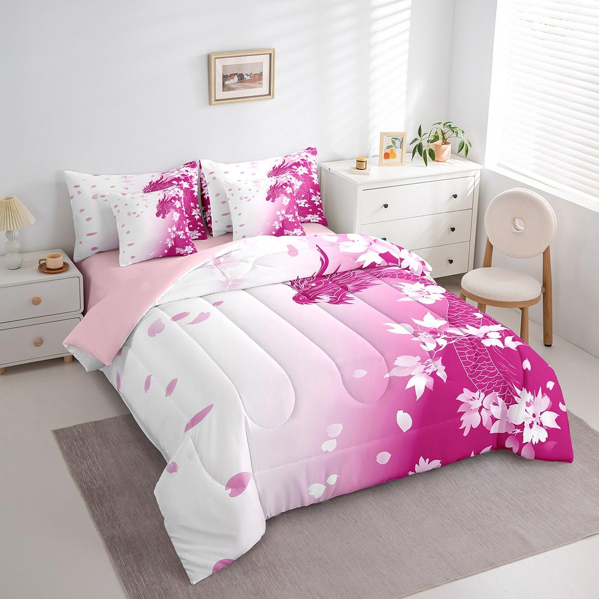Erosebridal Pink Fantasy Dragon Bed in A Bag Pink White Gradient Princess Bedding Set for Kids Girls Teen Women,Magical Wildlife Animal Twin Comforter Set 7 Piece Dreamy Cherry Blossom Bed Set
