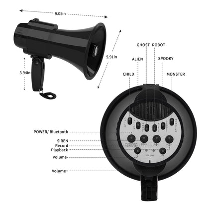 MGROLX MMGROLX 30w Megaphone Bullhorn | Loud Speaker w/ 6 Different Sound Effects | Built-in Bluetooth Mode, Siren and Recording | Voice Changer Function for Outdoor Sports, Party, Kids(Black)