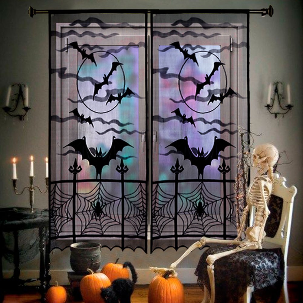 OurWarm 2pcs Black Lace Halloween Window Curtains, Spider Web Bats Door Curtain Panel Decor for Spooky Halloween Holiday Party Decoration, 40 x 84 Inch
