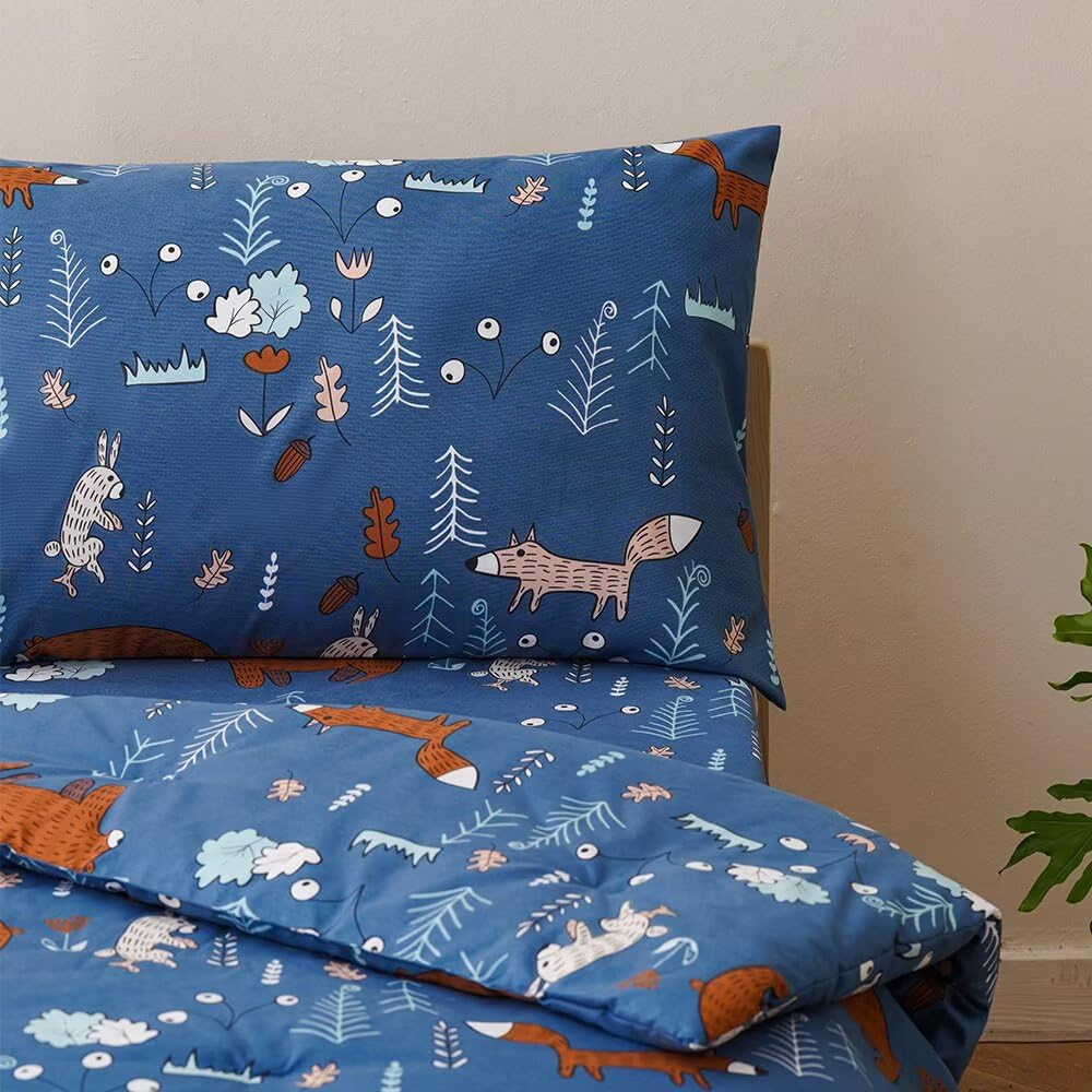 CLOTHKNOW 4Pieces Blue Toddler Bedding Sets for Boys Girls Animal Cartoon Comforter Sets Soft Crib Bed Set Including Comforter, Flat Sheet, Fitted Sheet and Pillowcase