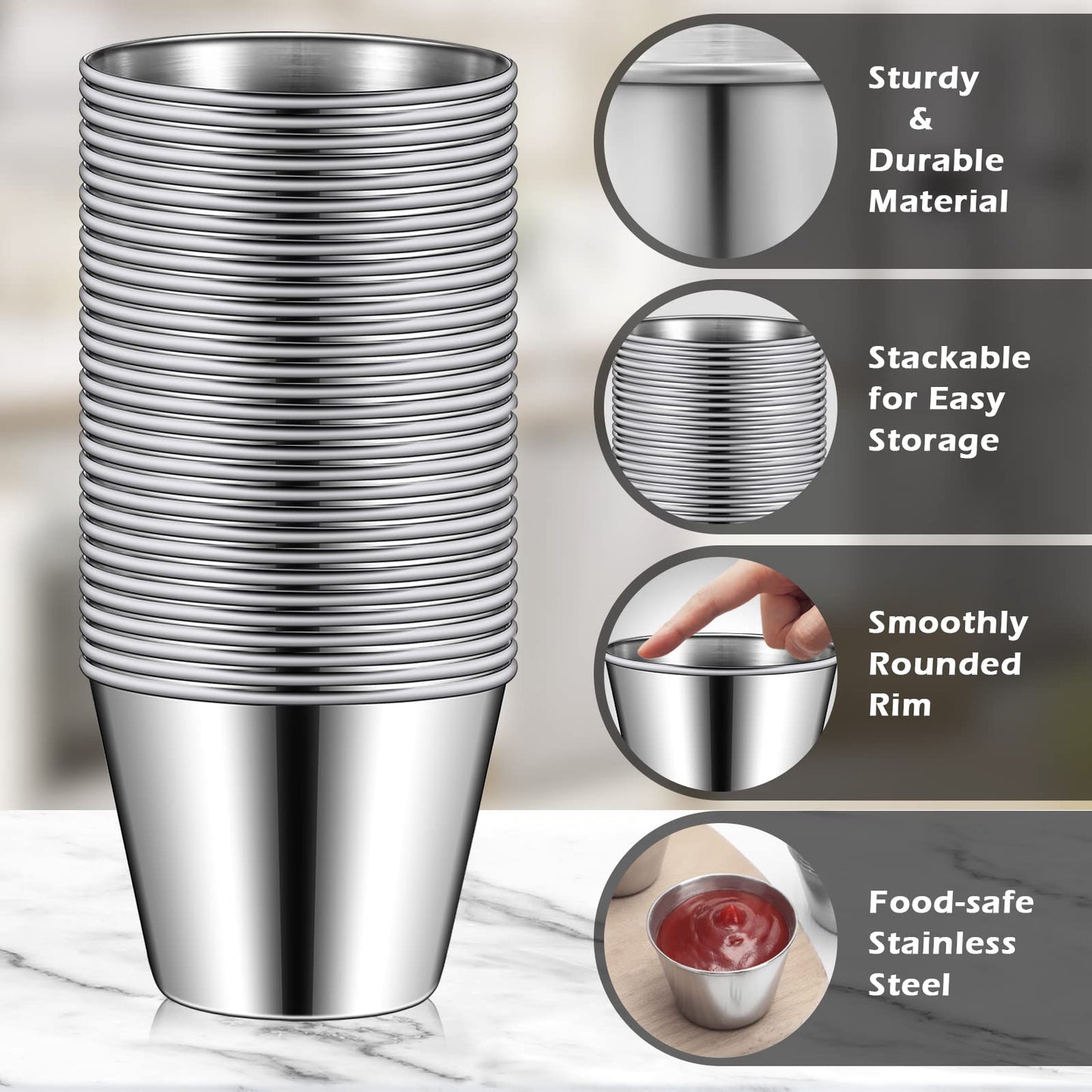 Mimorou 100 Pcs 1.5oz Stainless Steel Sauce Cups Dipping Cups Mental Condiment Sauce Container Round Dipping Bowls Condiment Ramekins for Dish Butter Kitchen Restaurant Serving Party Dinner Cooking
