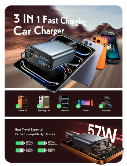 LISEN Retractable Car Charger Adapter for iPhone 17 Pro Max【2025 Ultra Compact】57W USB C Car Phone Charger Best Car Accessories for Men Women Super Fast Cigarette Lighter USB Charger, Grey