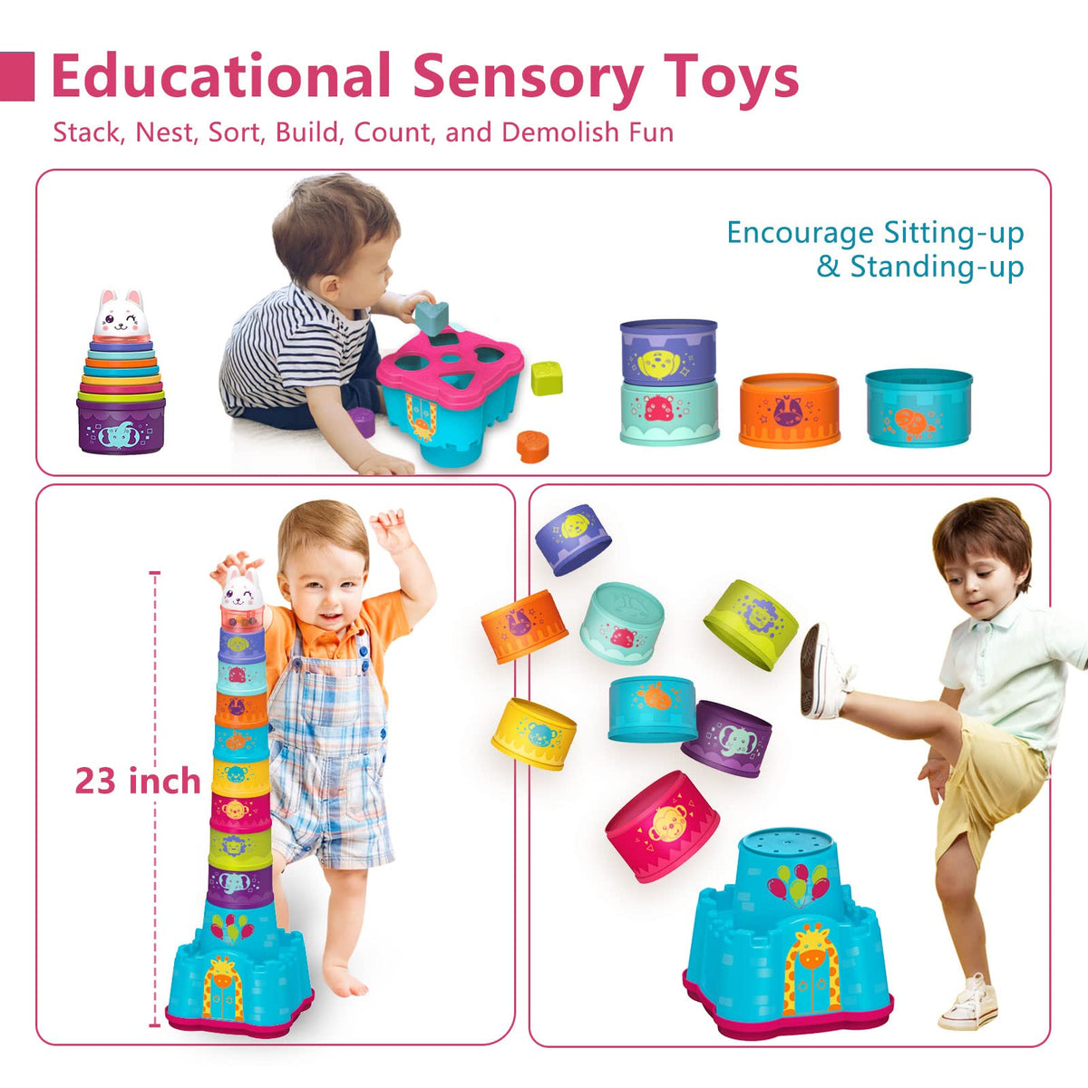 LTKFFFdp Baby Stacking Toys for Toddlers 1-3, Nesting Cups Shape Sorter for Infant 6 to 12-18 Month, Stackable Learning Toy with Blocks, Rattle & Frog Bath Toy, for Girl Boy Birthday