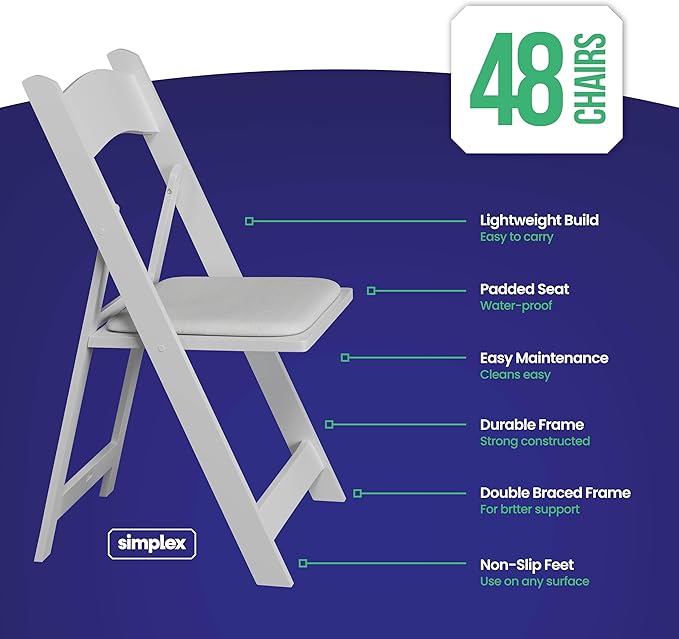 SIMPLEX 48 White Folding Chairs – Resin Stackable Foldable Chairs with Padded Seats – Comfortable White Folding Chairs for Indoor/Outdoor Events – Lightweight Resin Chairs (48 Pack)