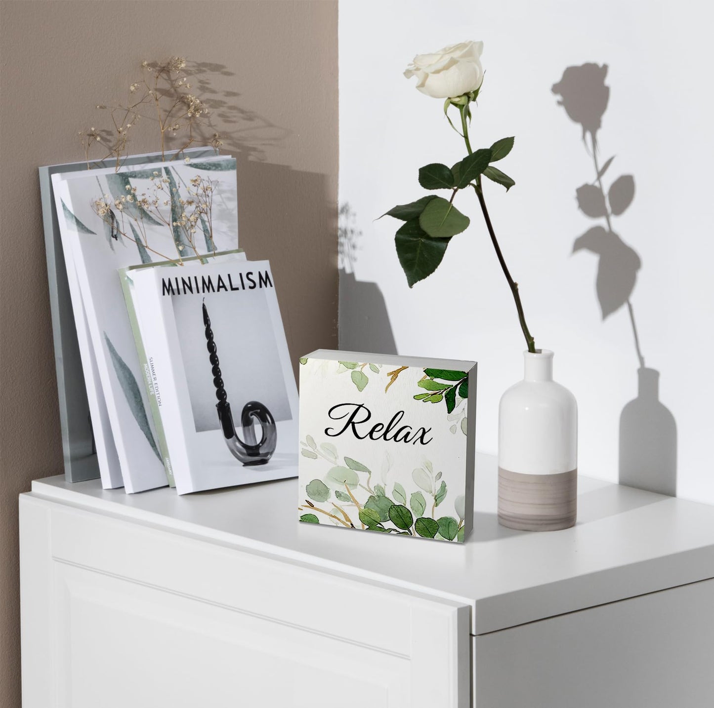Kunlisa Relax Sage Green Wooden Box Sign, 5x5x1.18 inches, Modern Classic, Flower Theme, Tabletop, Decorative Sign for Bathroom, Workspace