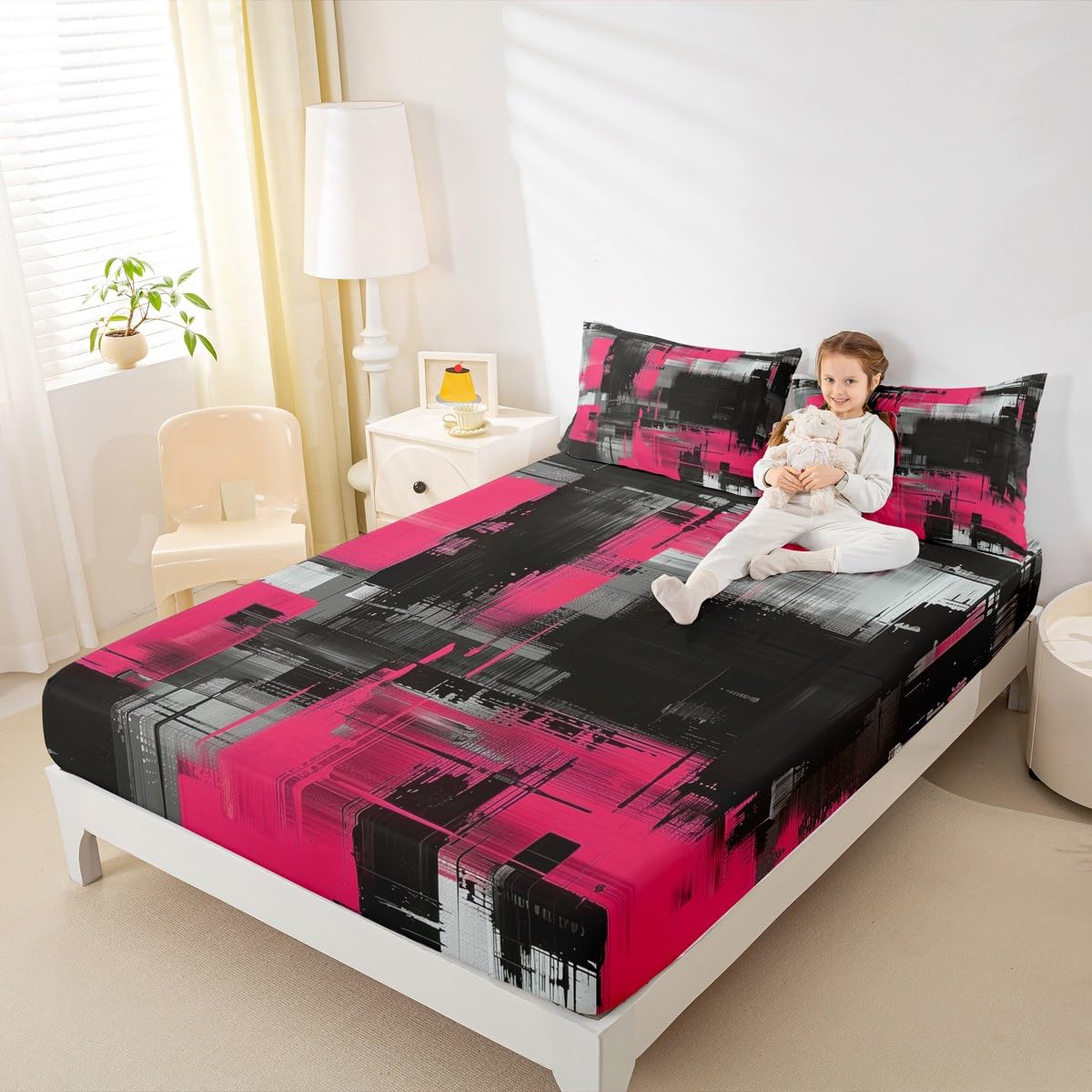 jejeloiu Abstract Fitted Sheet Twin Size for Kids Boys Girls Black and Pink Bed Sheets Set 16" Deep Pocket Soft Breathable Microfiber Art Aesthetic Bedding with 1 Pillowcase Geometric Room Decor