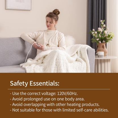 Bearhug Electric Blanket King Size 100" x 90", Dual Controller Heated Blanket, White Flower Patterns Faux Fur & Warm Sherpa, 10-Heat Levels & 1-12H Auto Off,ETL, Machine Washable