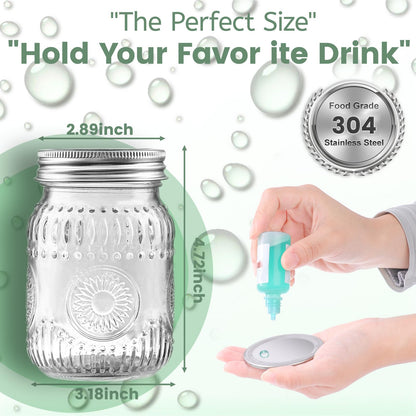 16oz Mason Jars with Airtight Rust-Proof 304 Stainless Steel Lids and Bands, 4 Pack with Elegant Sunflower Embossing, Pint Glass Jars for Meal Prep, Pickling, Overnight Oats, Dry Food & DIY Crafts