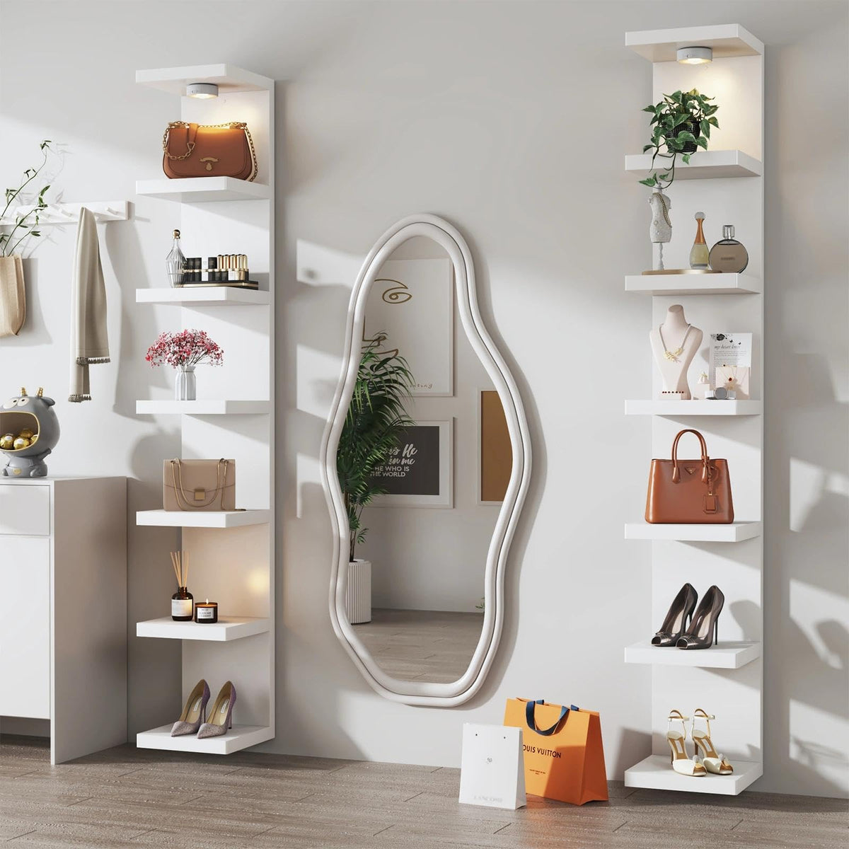 White 7-Tier Vertical Wall Shelf Unit with USB Rechargeable Led Light (Remote Controlled),Versatile Floating Display Shelves,Lack Style Wall Shelves for Bedroom,Living Room,Office Decor,Vanity