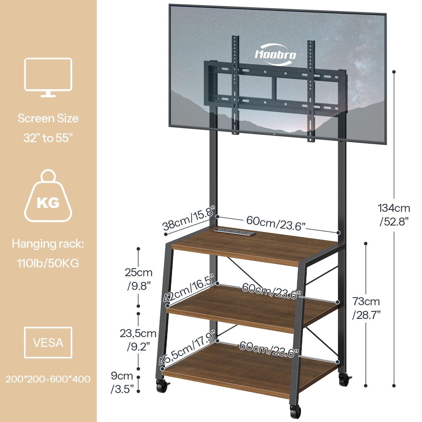 HOOBRO Rolling TV Stand with Mount and Power Outlet Up to 55 inch TV, Corner Entertainment Center, Small TV Stand with 3-Tier Storage Shelves for Living Room, Bedroom, Rustic Brown and Black BF66UDS01