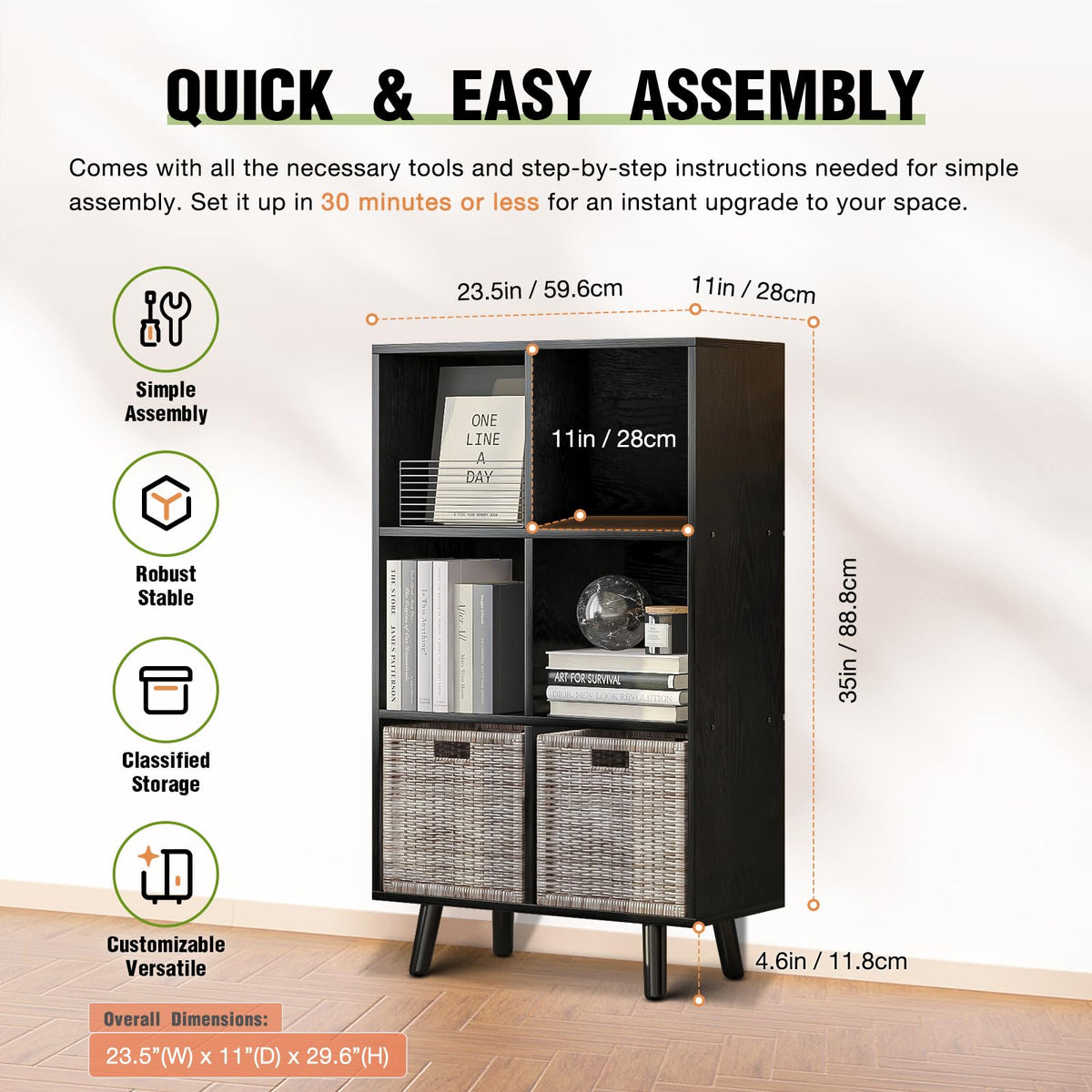ELYUP 6-Cube Open Shelf Bookcase - 3-Tier Wooden Floor-Standing Bookshelf with Legs and Backpanel, Ideal for 11-inch Fabric Storage Bins and Miscellaneous Organizer, Black
