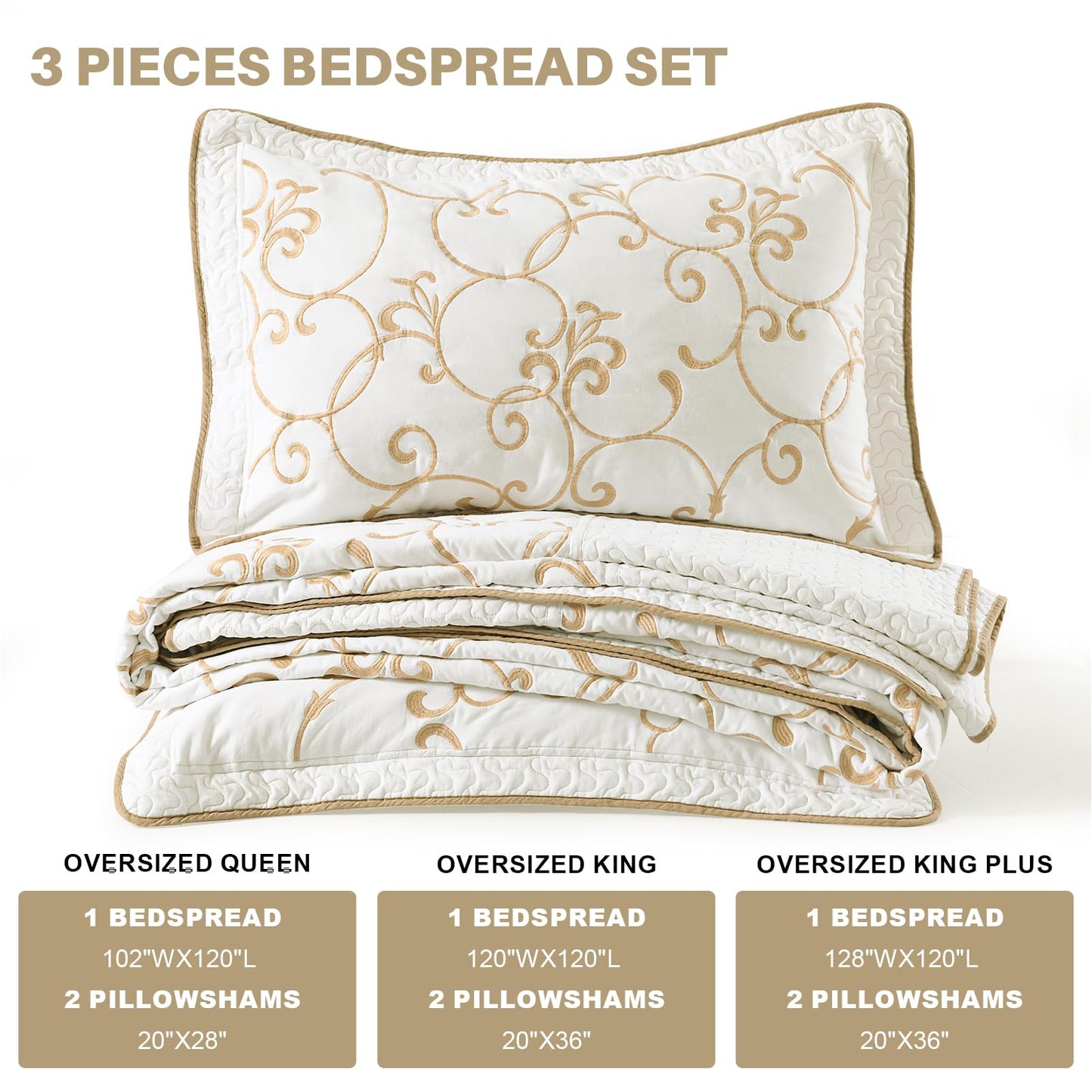 FineStichery 100% Cotton Oversized Bedspread Quilt Coverlet Set, 120"x102" Extra Large Queen Bedspreads with Pillow Shams, Lightweight Embroidered Bedding Cover 3 Piece, Beige/White